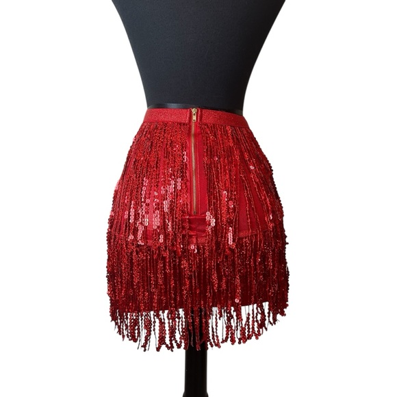 Red Sequins Fringe Skirt High Shine Shimmer Metallic, Performance Wear SZ S - Picture 3 of 17